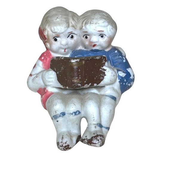 Antique Porcelain Miniature Shelf Sitter Figurine Boy & Girl with Book Japan - Picture 1 of 6